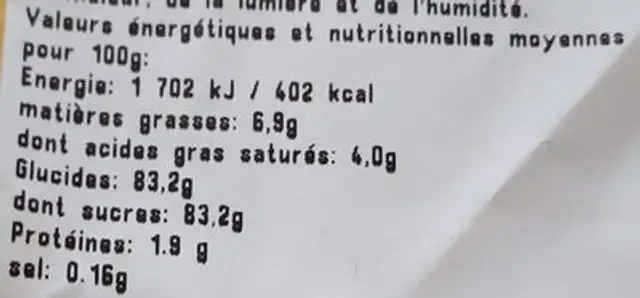 Confiserie nutrition facts table
