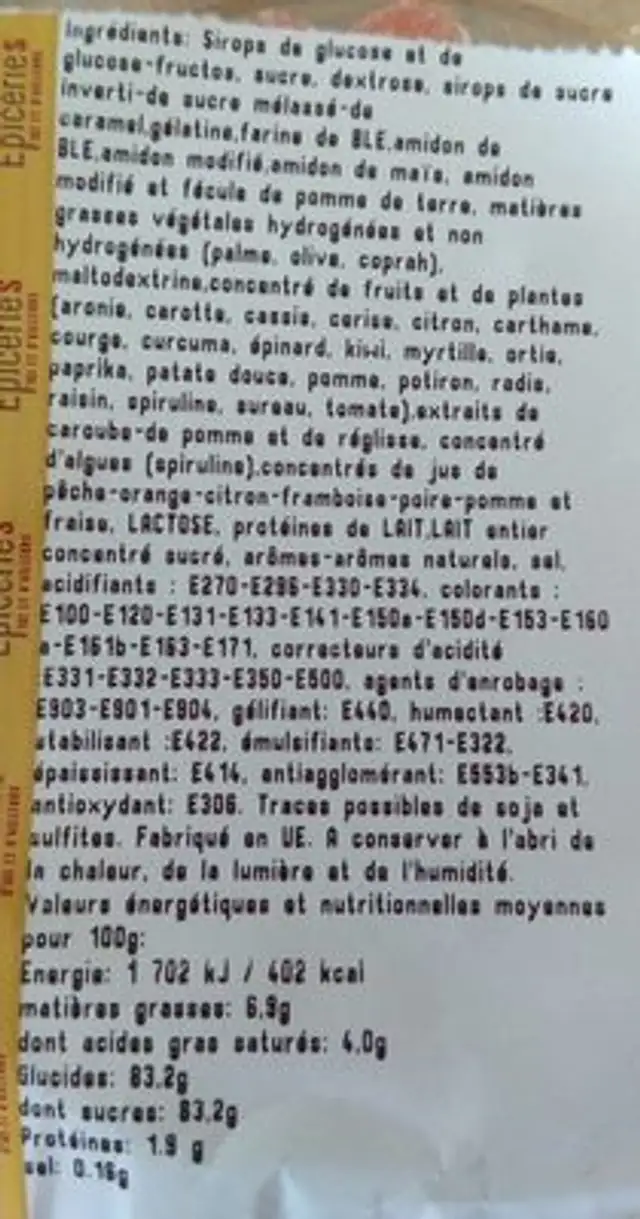 Confiserie ingredients label