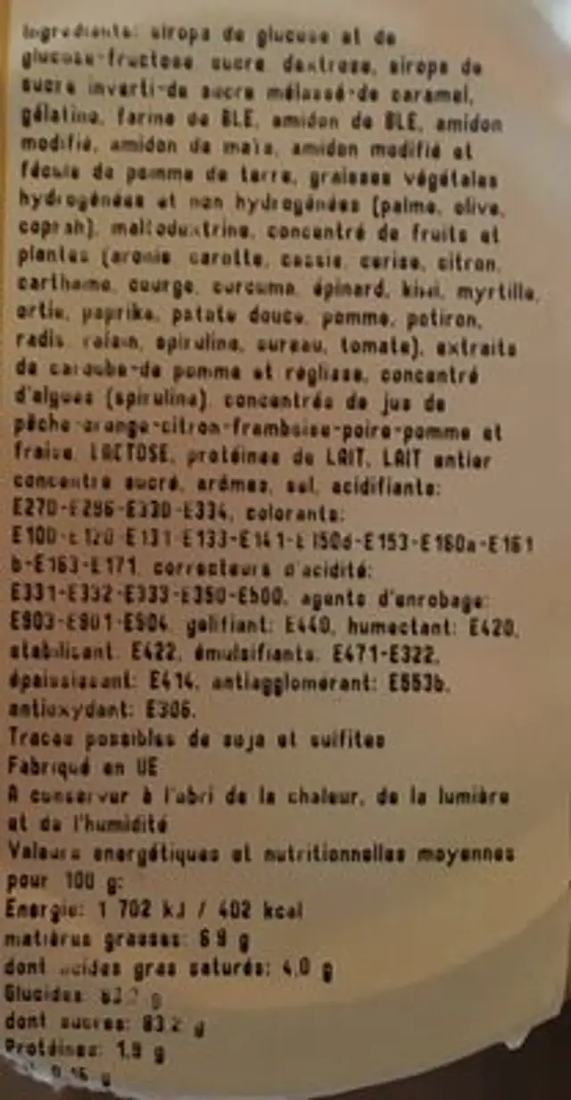 Confiserie ingredients label