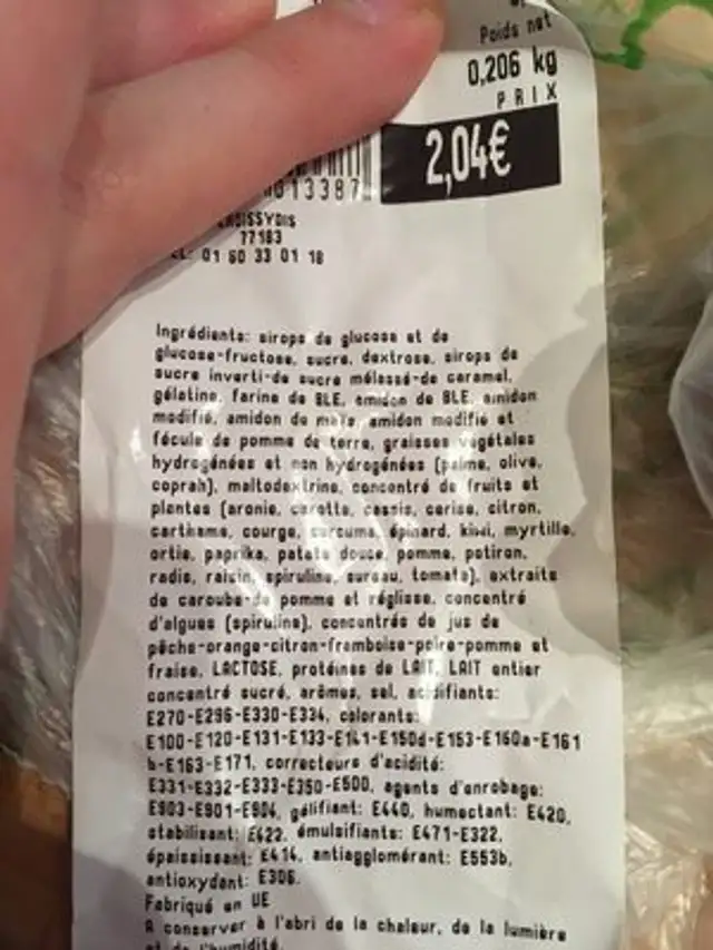 Confiserie ingredients label