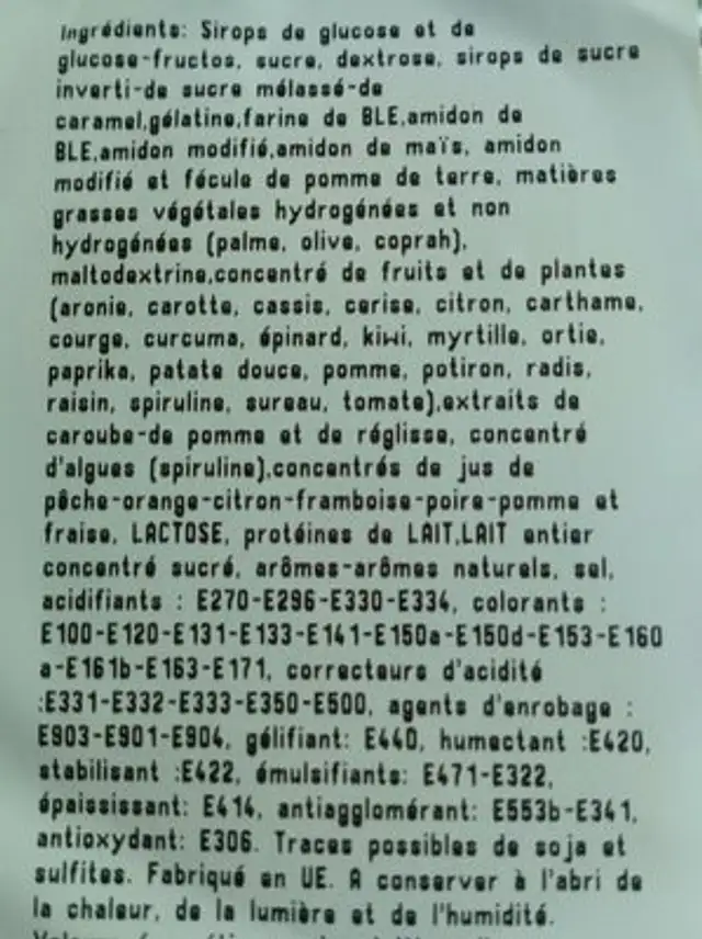 Confiserie ingredients label