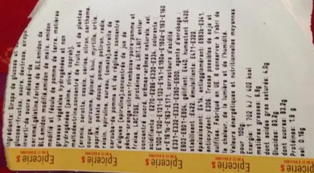 Confiserie ingredients label