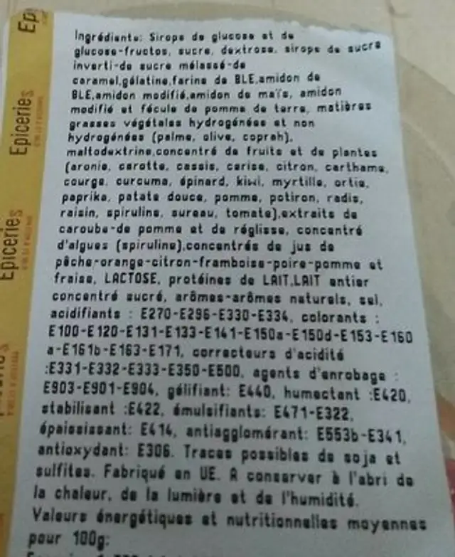 Bonbons divers ingredients label