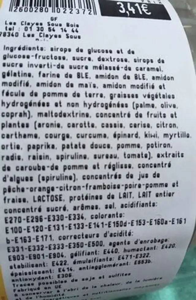 Bonbons ingredients label