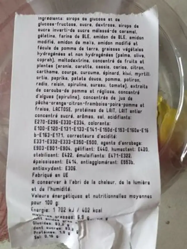 Assotiment bonbon ingredients label