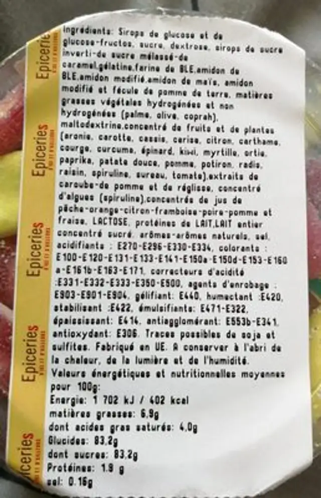 Confiserie ingredients label