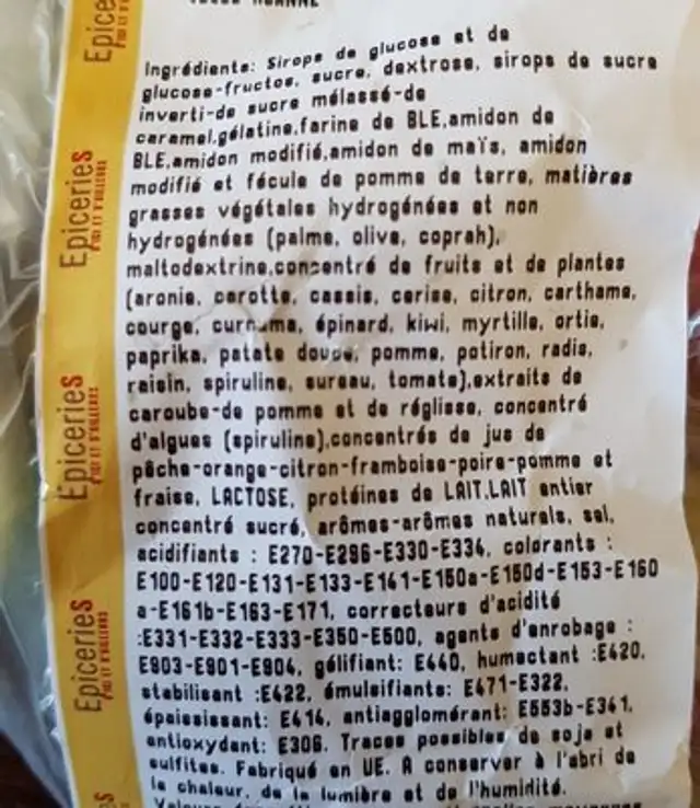 Confiserie ingredients label