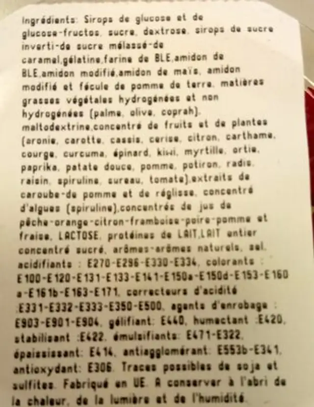 Bonbons grand frais ingredients label
