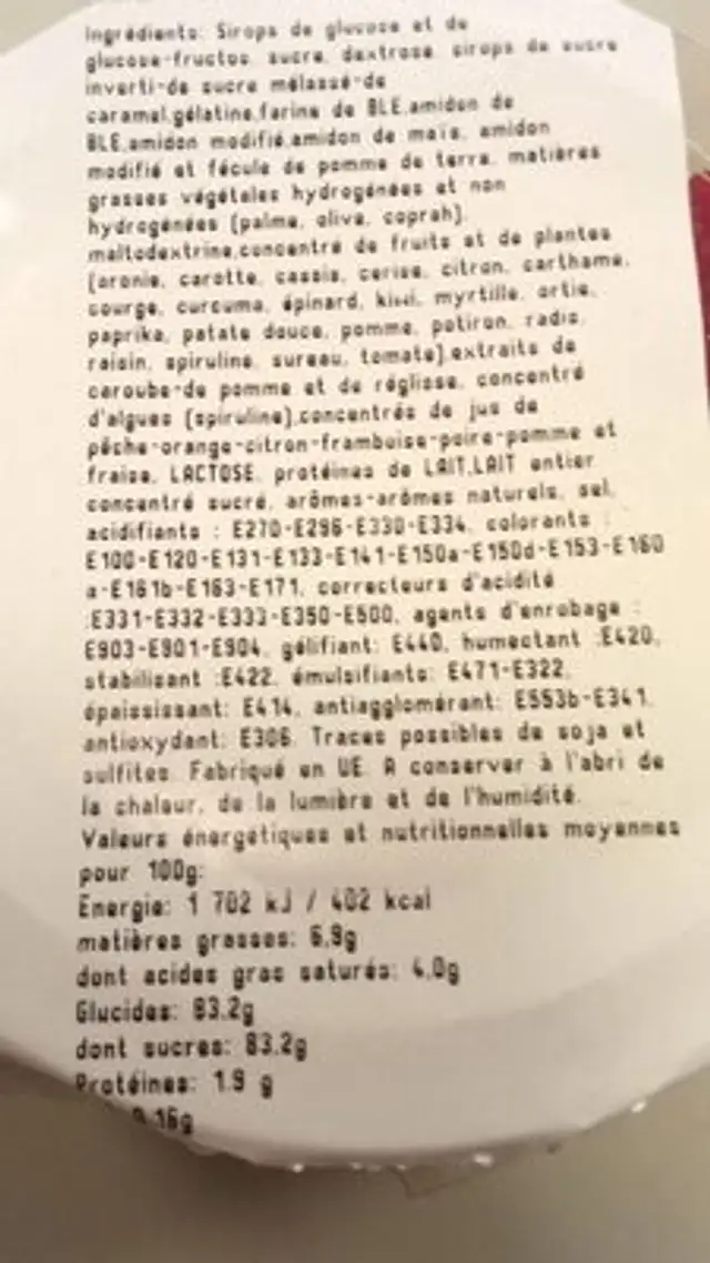 Bonbons grand frais nutrition facts table