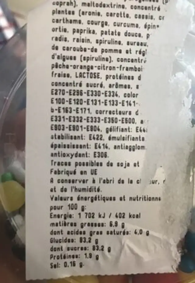 Confiserie ingredients label