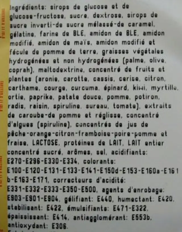 Confiserie ingredients label