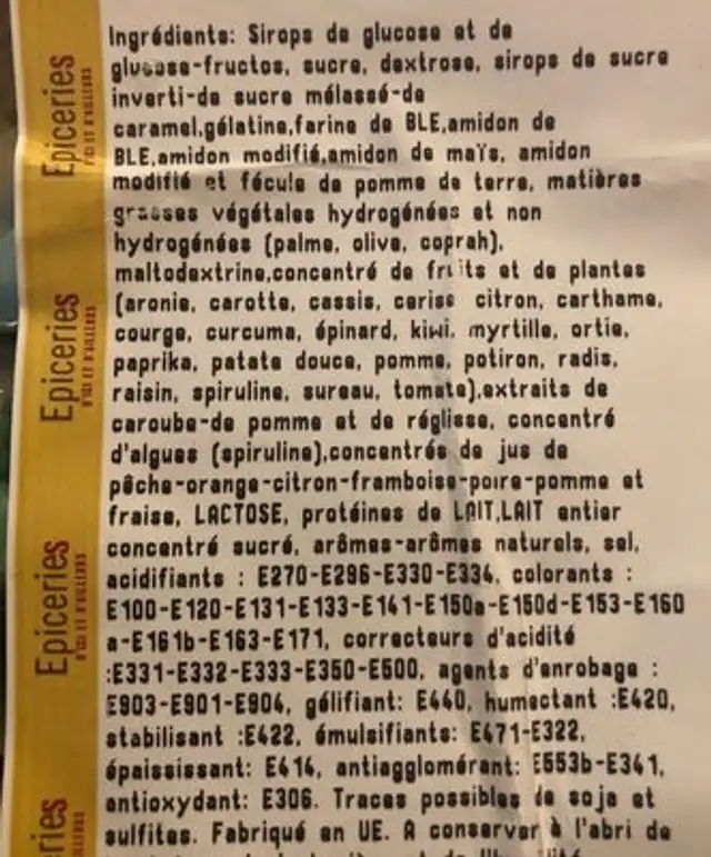 Bombons ingredients label