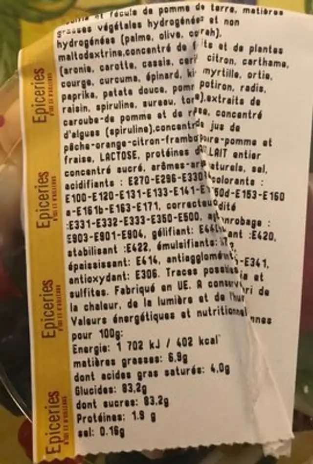 Bombons nutrition facts table