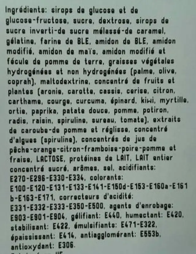 Confiseries ingredients label