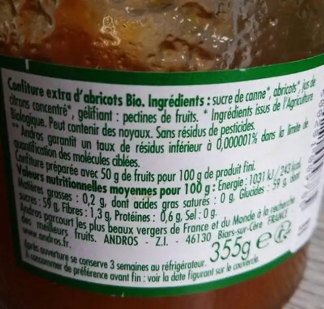 Confiture abricots nutrition facts table