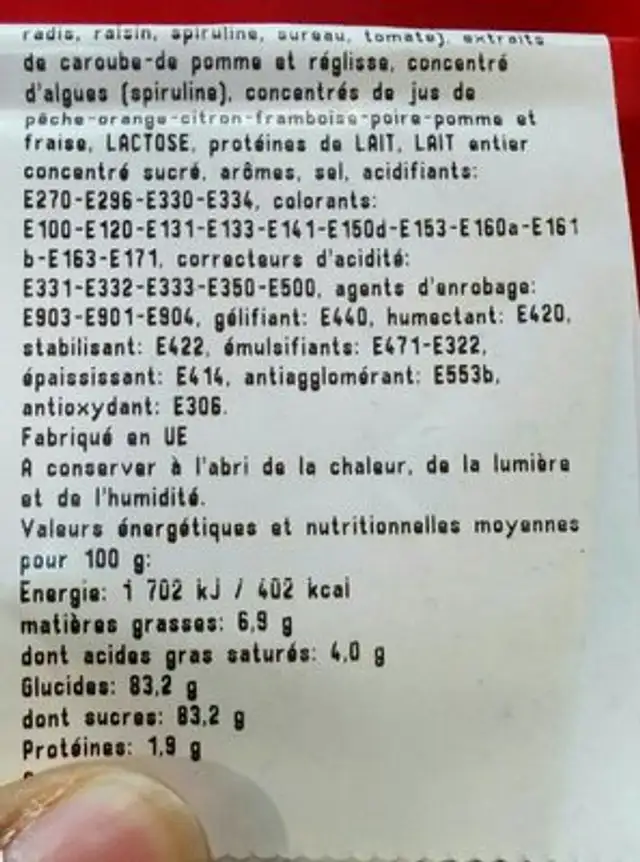 Bonbon ingredients label