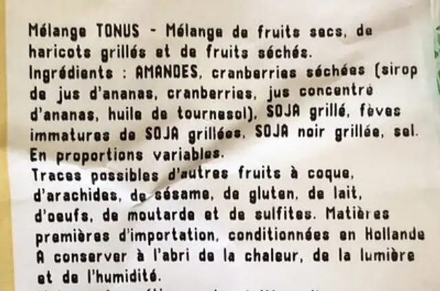 Mélange Tonus ingredients label