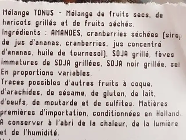 Mélange tonus ingredients label
