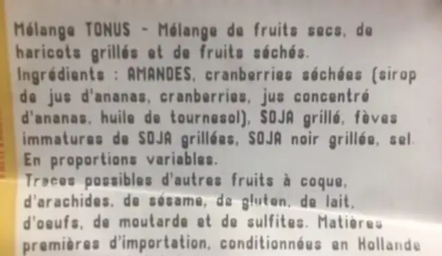 Melange Tonus ingredients label