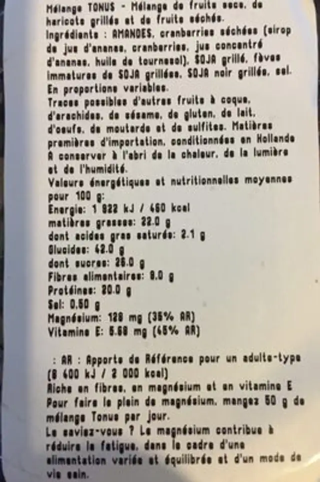 Melange tonus ingredients label