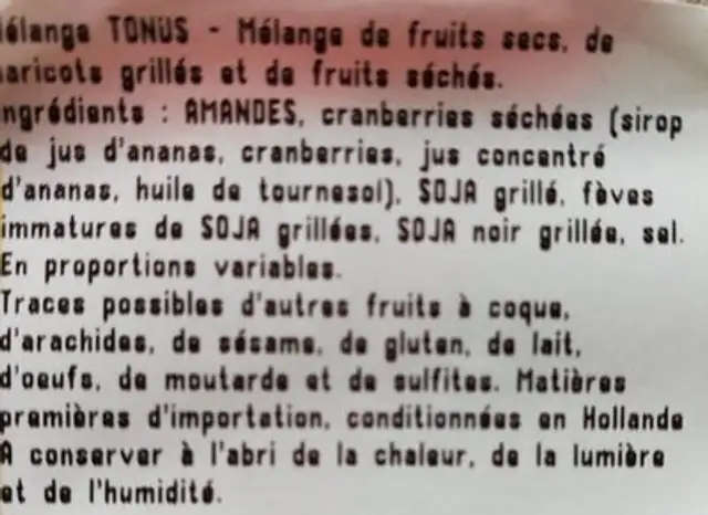 Mélange Tonus ingredients label