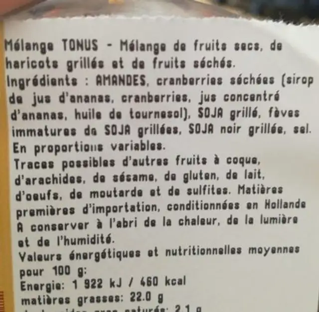 Melange tonus ingredients label
