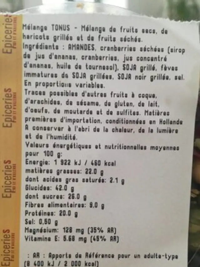 Melange tonus nutrition facts table