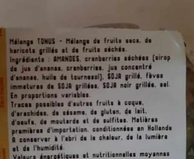 Melange tonus ingredients label