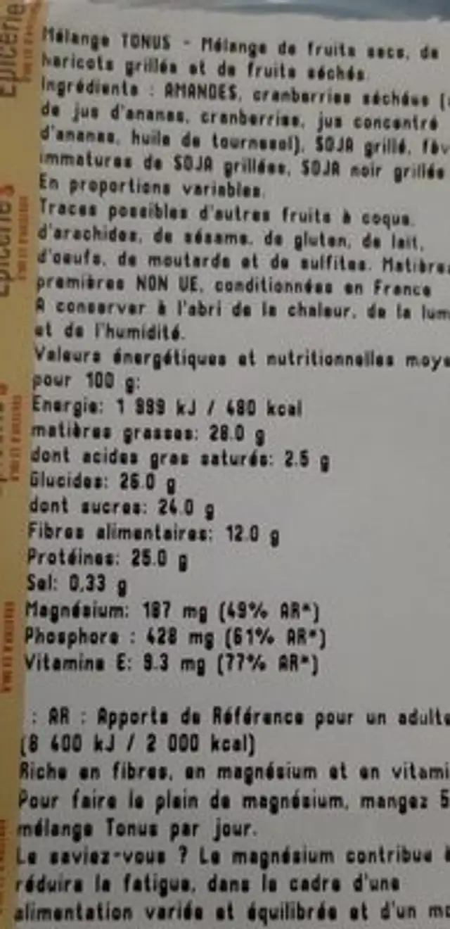 Melange tonus nutrition facts table