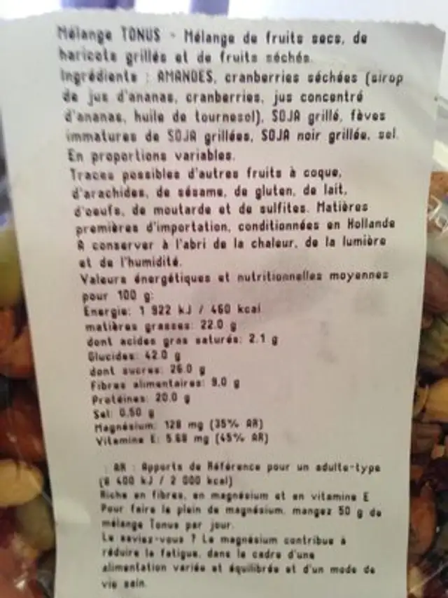 Mélange Tonus ingredients label