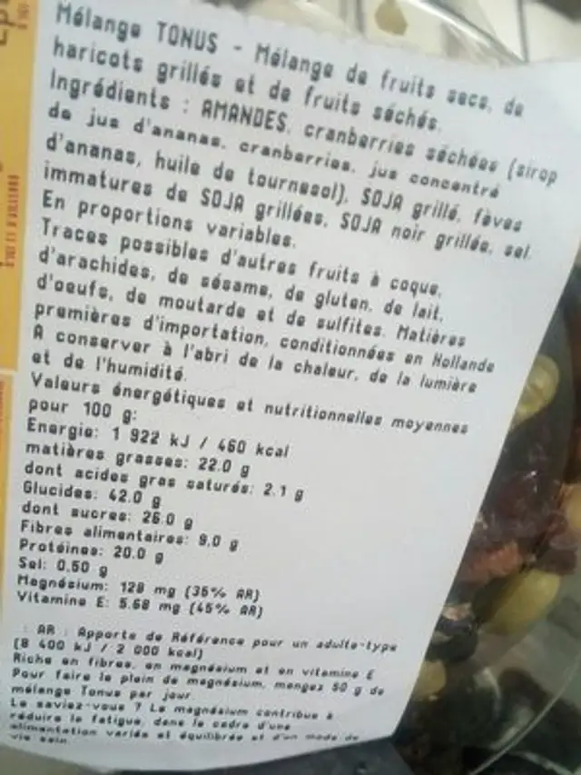 Mélange tonus ingredients label