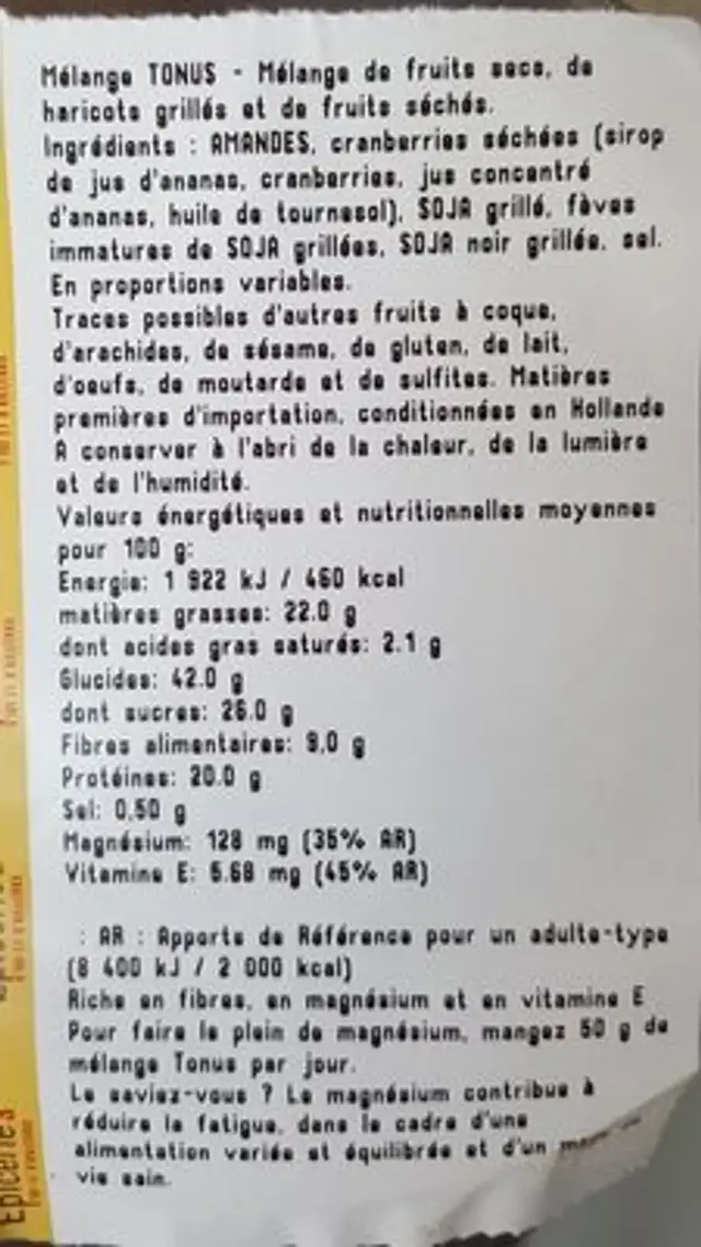 Mélange tonus ingredients label