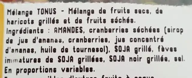 Mélange Tonus ingredients label