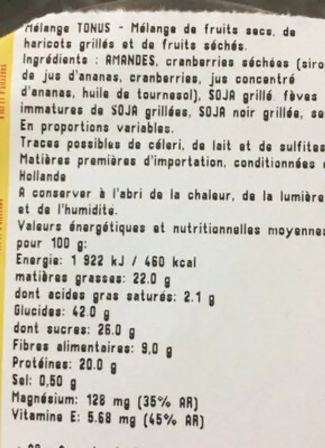 Mélange tonus ingredients label