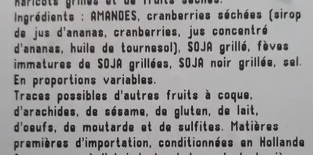 Mélange Tonus ingredients label
