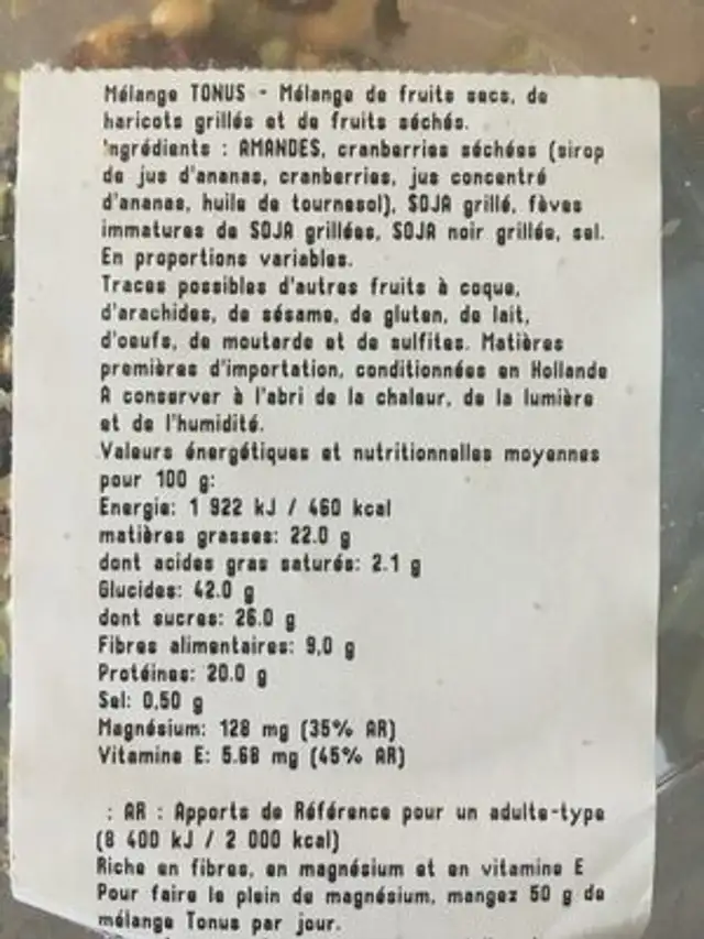 Melange tonus ingredients label