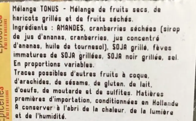 Mélange Tonus ingredients label