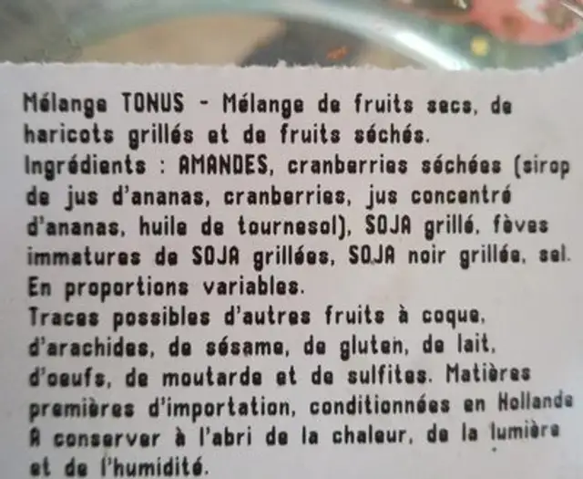Mélange tonus ingredients label