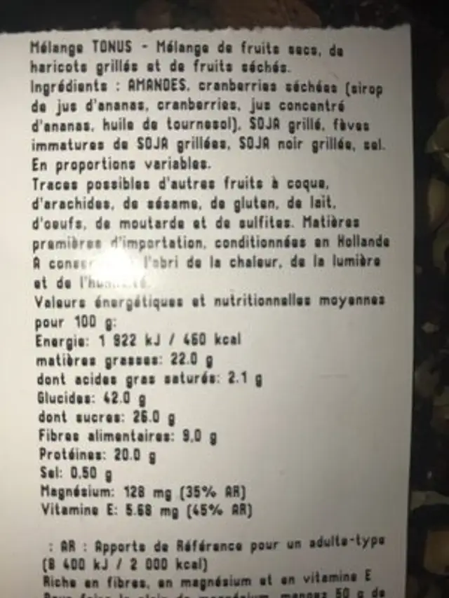 Melange tonus ingredients label