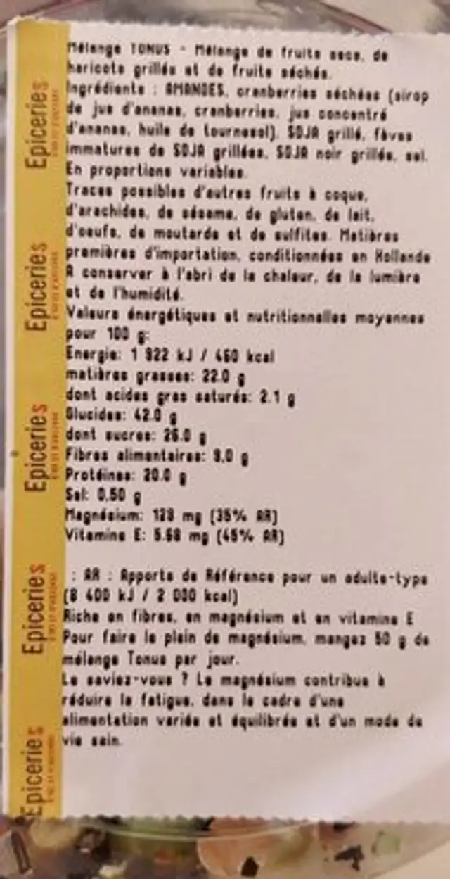 Mélange tonus nutrition facts table