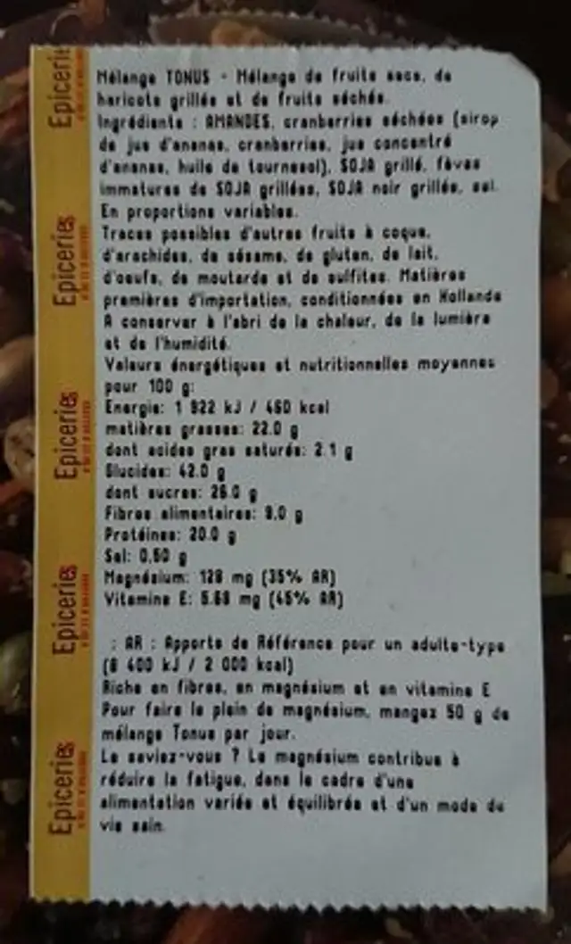 Mélange tonus ingredients label
