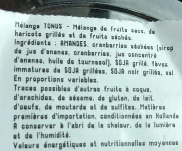 Mélange tonus ingredients label