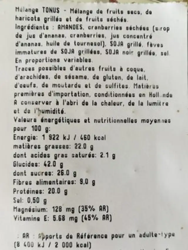 Mélange tonus ingredients label