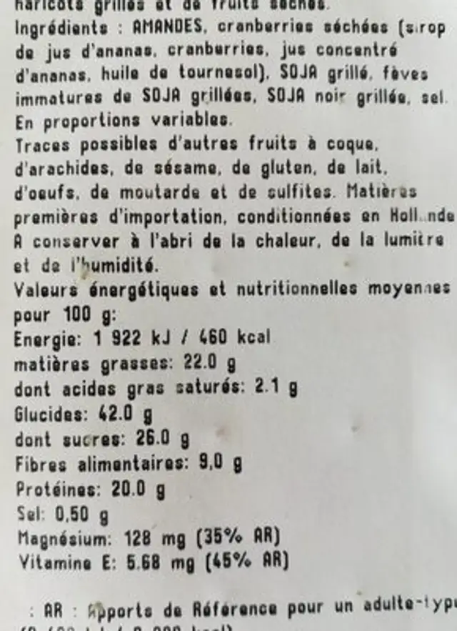 Mélange tonus nutrition facts table