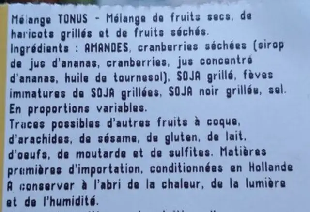 Mélange Tonus ingredients label
