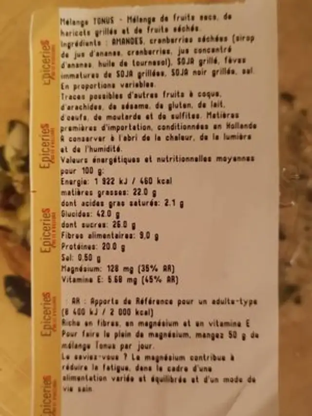 Mélange tonus ingredients label