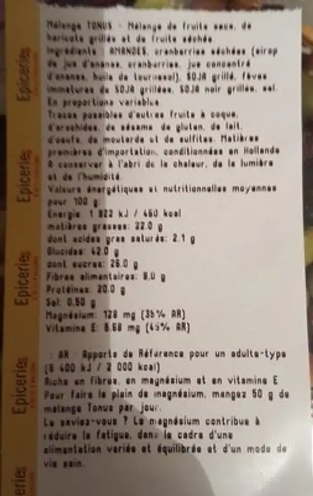 Mélange tonus ingredients label