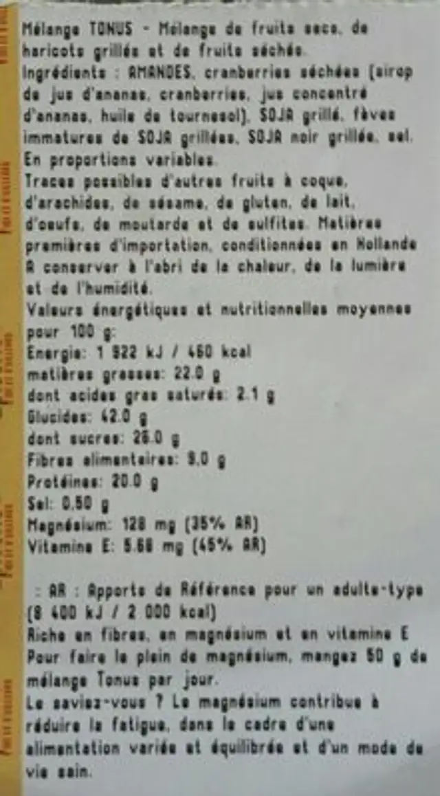 Mélange tonus nutrition facts table
