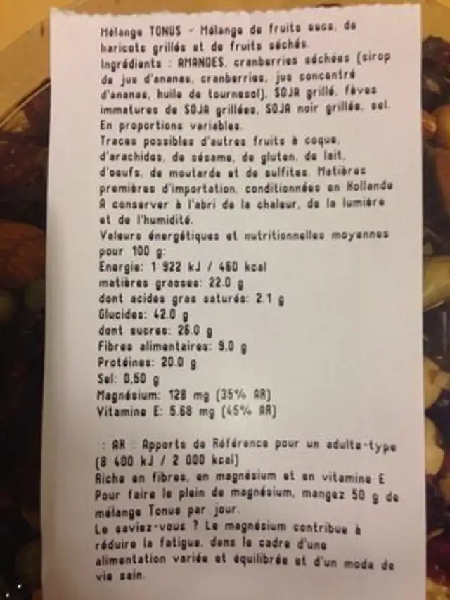 Melange tonus ingredients label