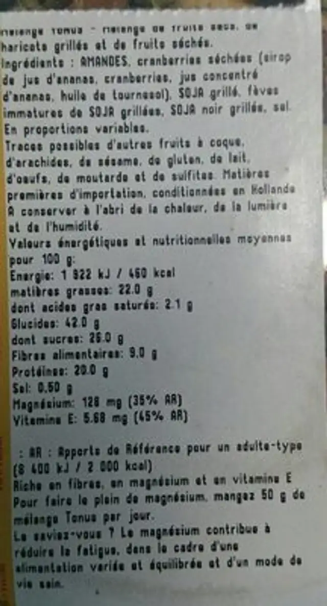 Mélange Tonus ingredients label